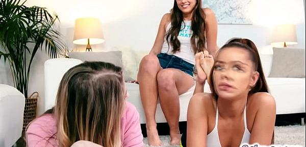  TEEN babes Vanna Bardot and Bunny Colby are busy with their studies when Gia Derza came in and started messing with them.She starts carresin their ass